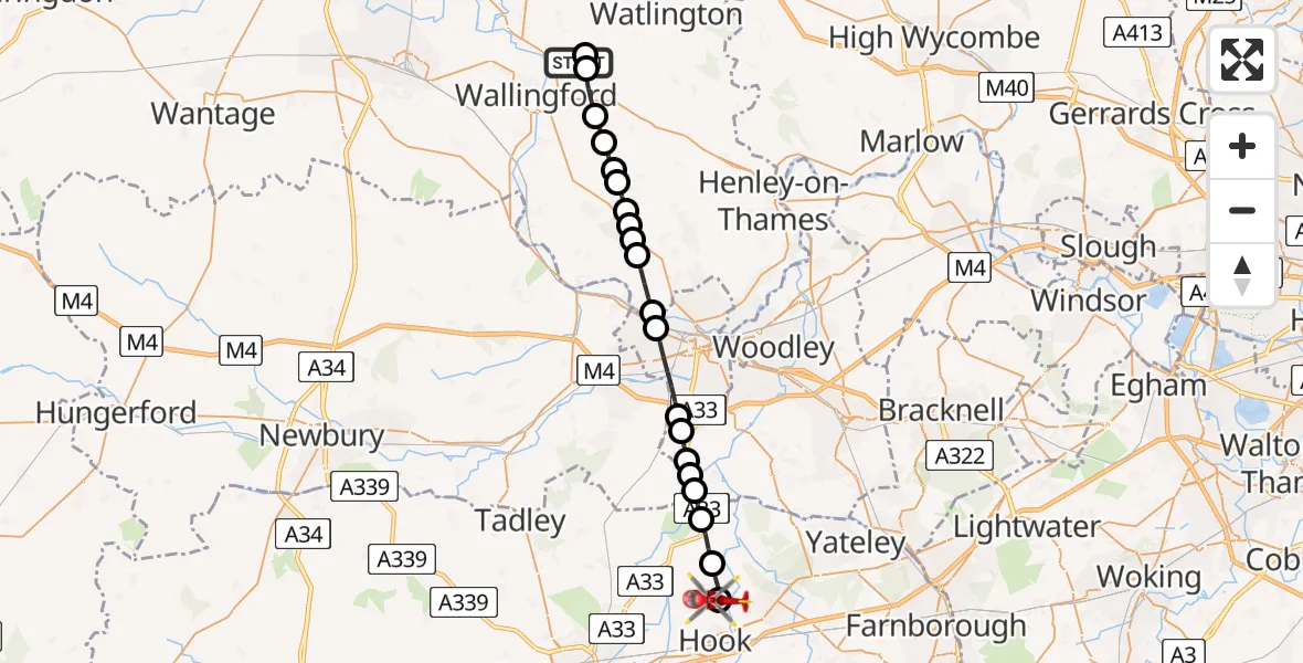 Flight route Air Ambulance Helicopter RAF Benson - Mattingley, 21 June 2026, 16:08