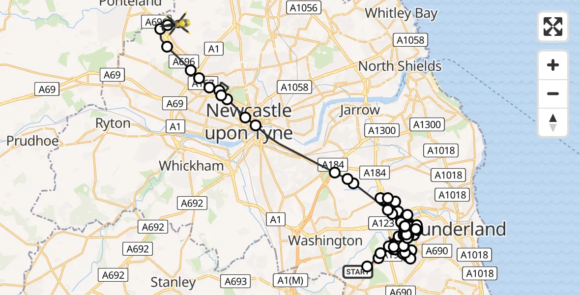 Flight route Police Helicopter Penshaw - Newcastle International Airport, 21 June 2026, 16:16