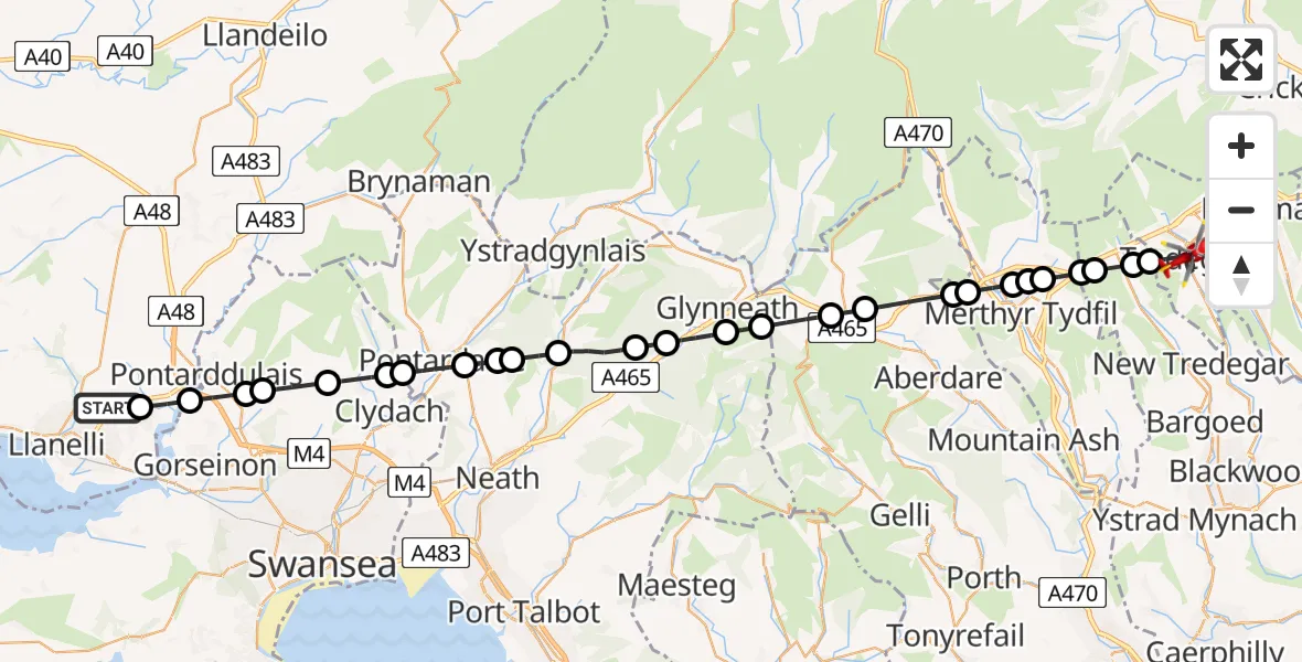 Flight route Air Ambulance Helicopter Dafen - Tredegar, 21 June 2026, 16:22