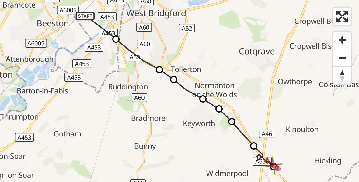 Flight route Air Ambulance Helicopter City of Nottingham - Hickling, 21 June 2026, 16:24