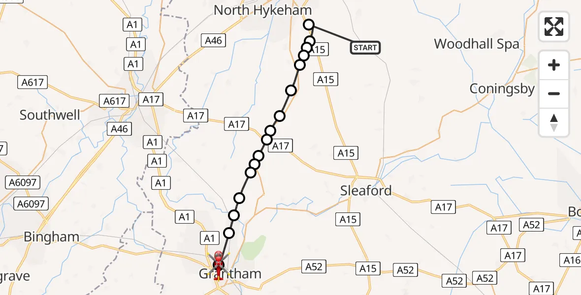 Flight route Air Ambulance Helicopter Dunston - Grantham, 21 June 2026, 16:25