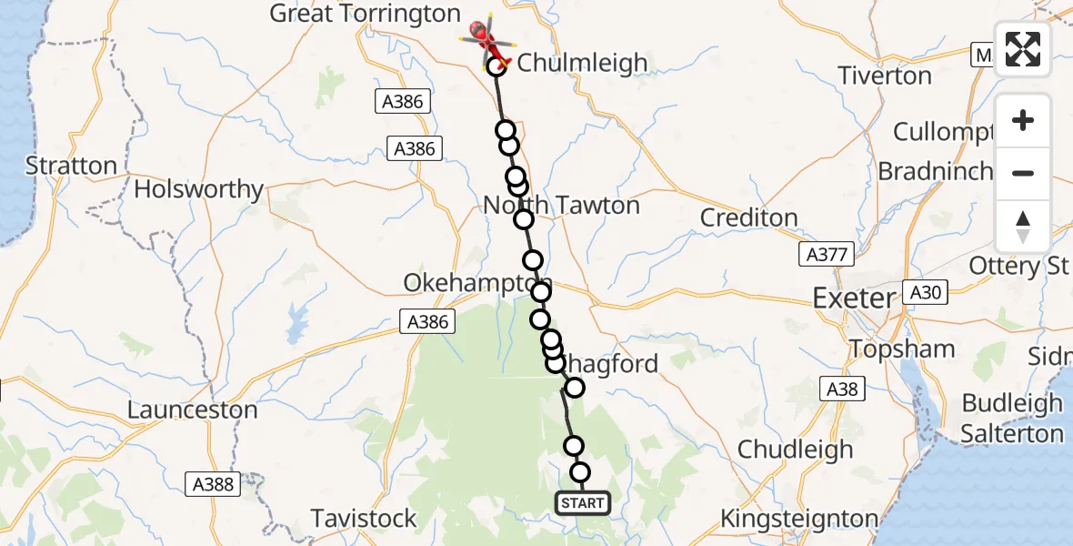 Flight route Air Ambulance Helicopter Widecombe-in-the-Moor - North Devon, 21 June 2026, 16:27