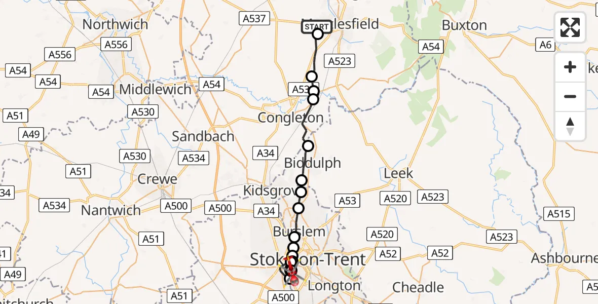 Flight route Air Ambulance Helicopter Macclesfield - Stoke, 21 June 2026, 16:30
