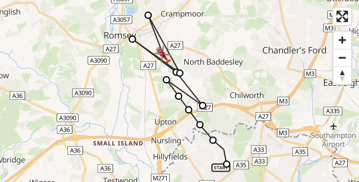 Flight route Air Ambulance Helicopter University Hospital Southampton - Romsey, 21 June 2026, 16:31