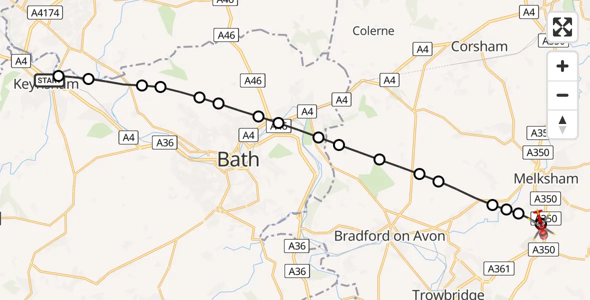 Flight route Air Ambulance Helicopter Keynsham - Wiltshire Air Ambulance, 21 June 2026, 16:35