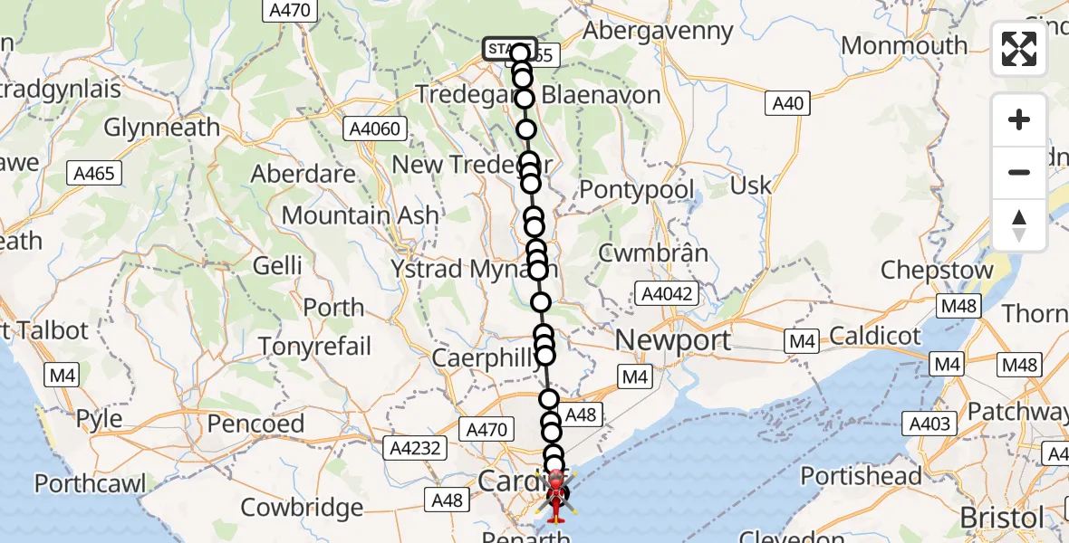 Flight route Air Ambulance Helicopter Garnlydan - Cardiff Heliport, 21 June 2026, 16:36