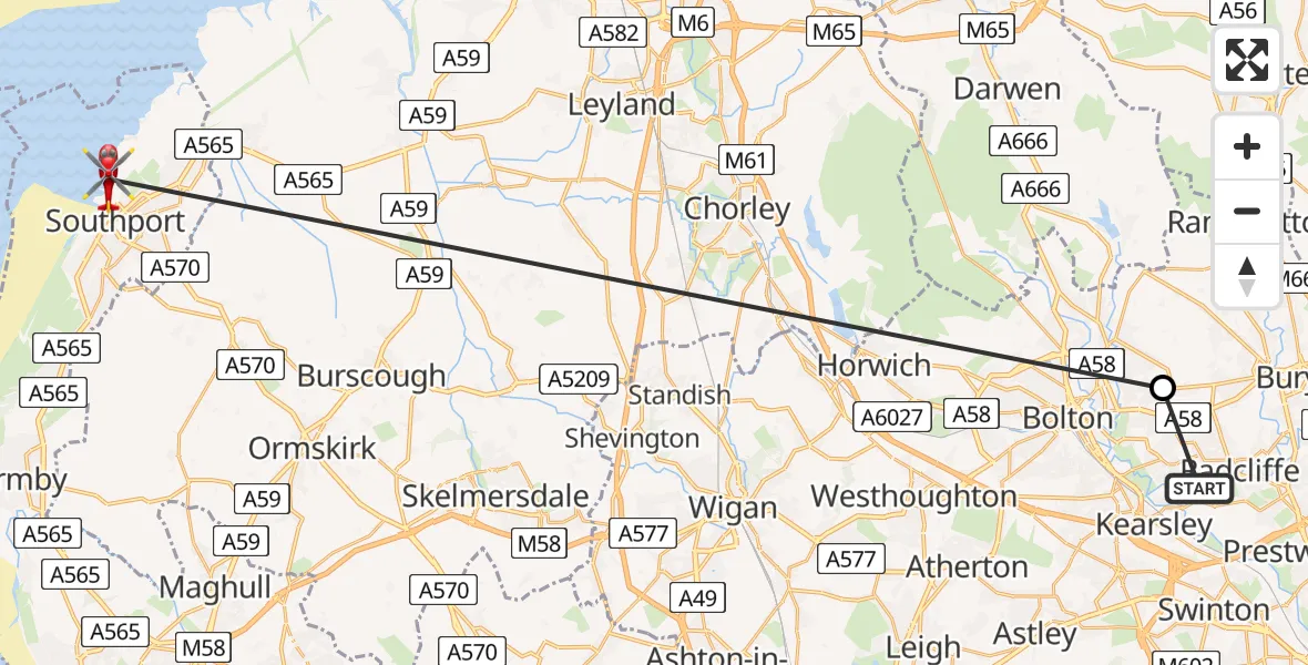 Flight route Air Ambulance Helicopter Bury - Sefton, 21 June 2026, 16:46