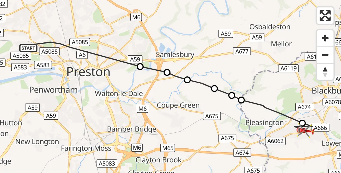 Flight route Air Ambulance Helicopter Preston - Blackburn, 21 June 2026, 16:53