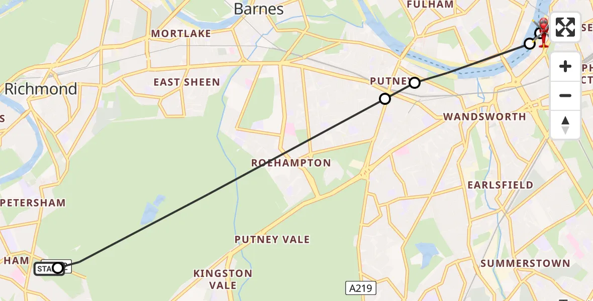 Flight route Air Ambulance Helicopter Ham - London Heliport, 21 June 2026, 16:56