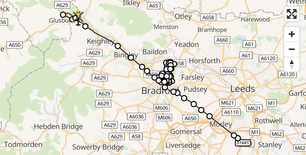 Flight route Police Helicopter East Ardsley - Steeton, 21 June 2026, 16:58