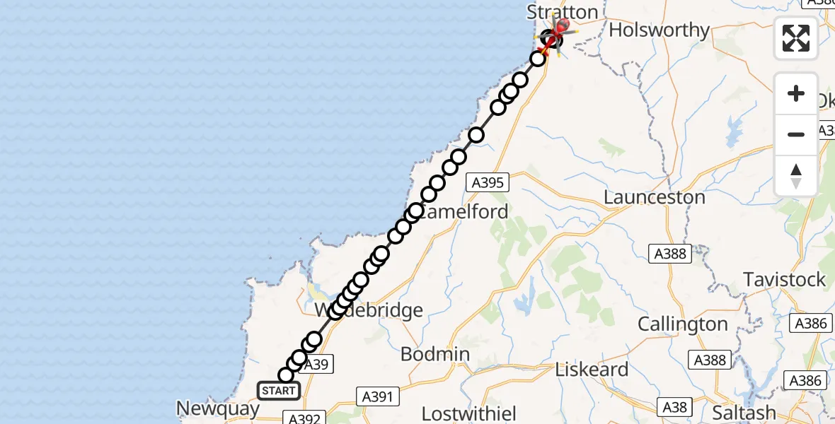 Flight route Air Ambulance Helicopter Cornwall Airport Newquay - Marhamchurch, 21 June 2026, 17:01