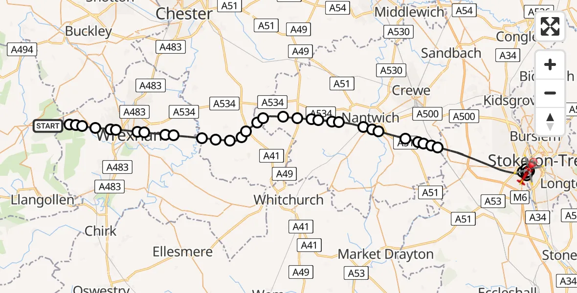 Flight route Air Ambulance Helicopter Llandegla - University Hospital North Staffs, 21 June 2026, 17:13