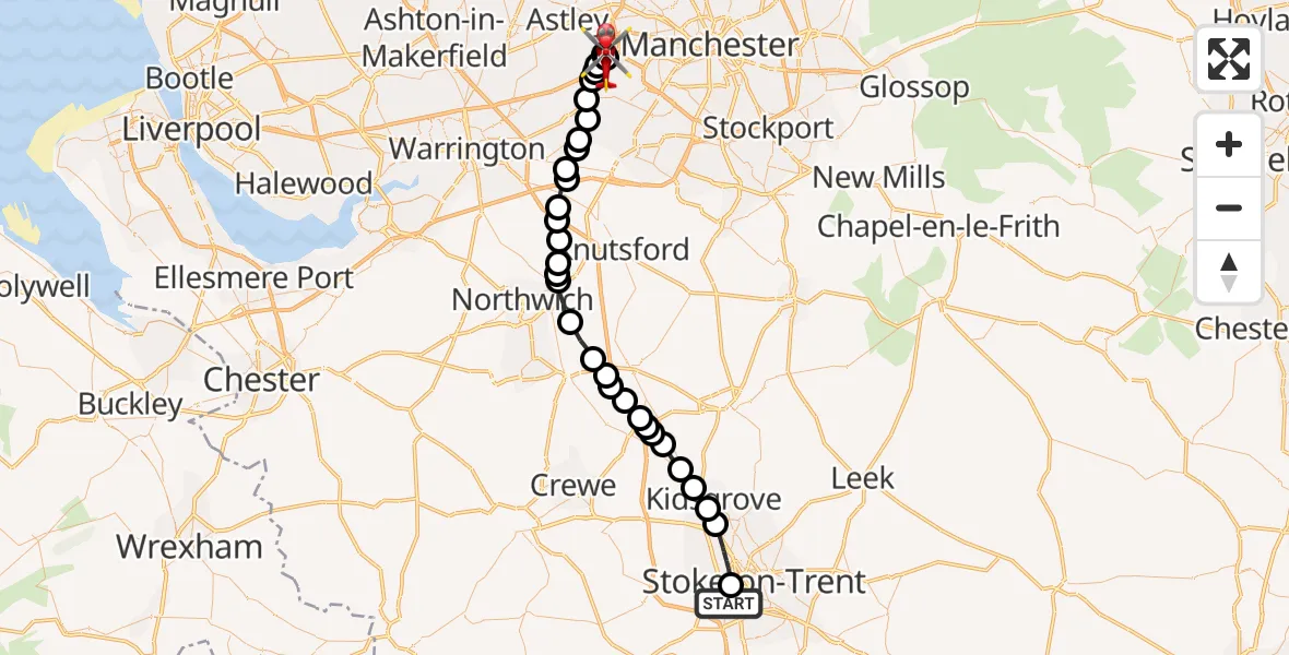 Flight route Air Ambulance Helicopter Stoke - Irlam, 21 June 2026, 17:16