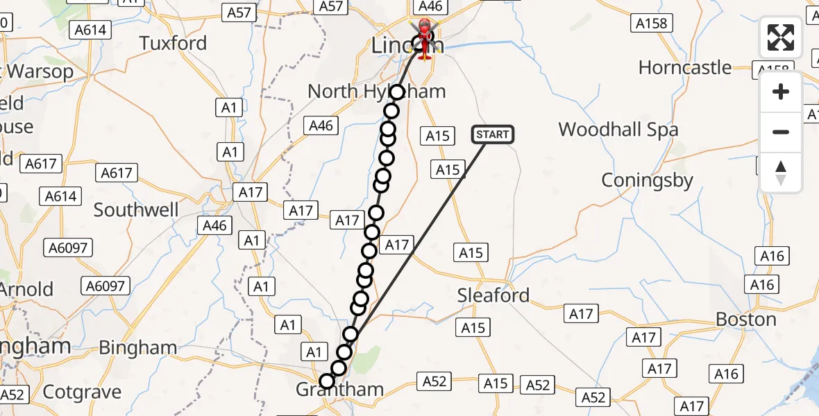Flight route Air Ambulance Helicopter Dunston - Bracebridge, 21 June 2026, 17:23