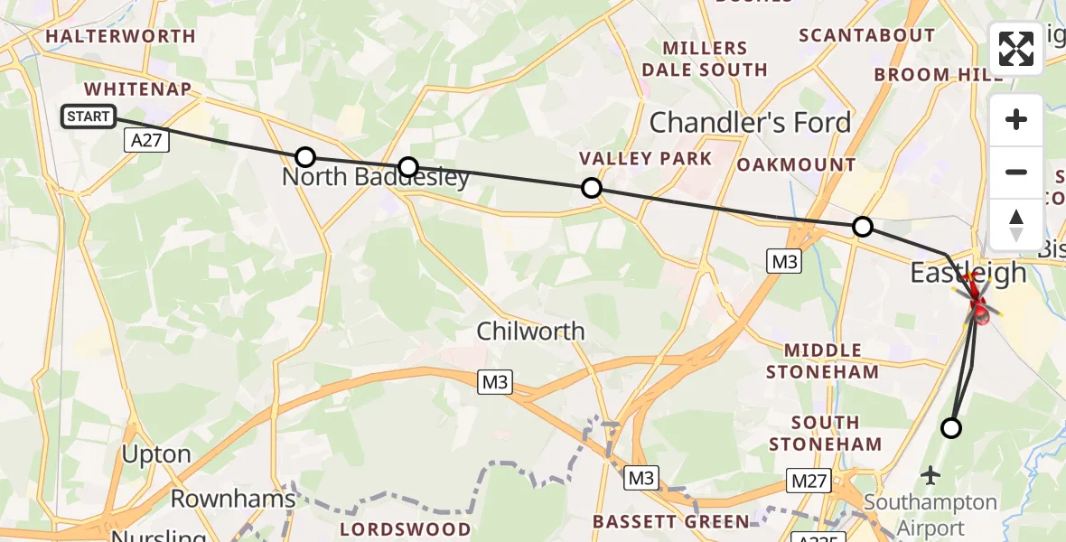 Flight route Air Ambulance Helicopter Romsey - Eastleigh, 21 June 2026, 17:27