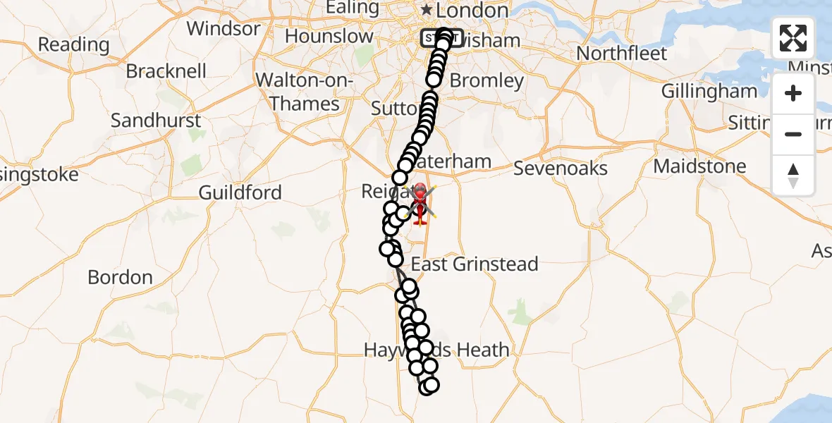 Flight route Air Ambulance Helicopter Kings College London Hospital - Redhill Aerodrome, 21 June 2026, 17:29
