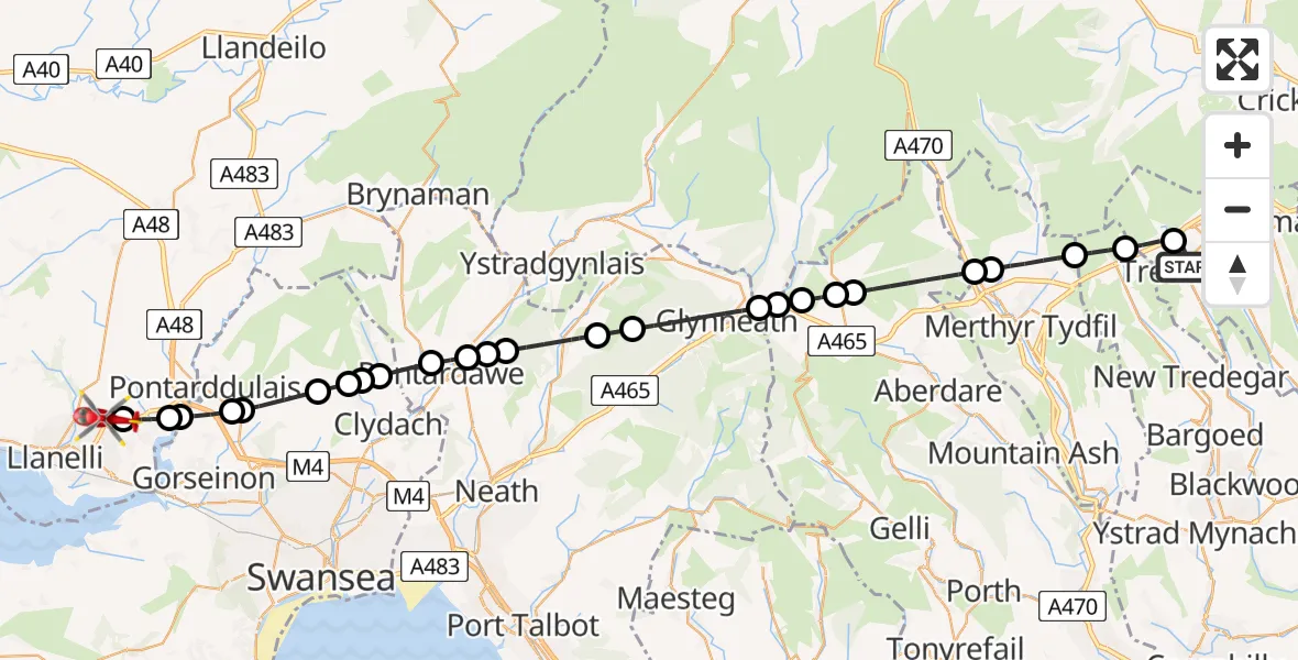 Flight route Air Ambulance Helicopter Tredegar - Dafen, 21 June 2026, 17:30