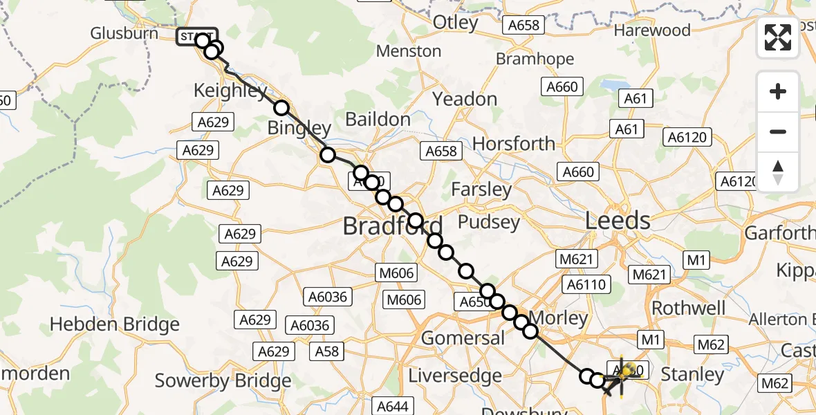 Flight route Police Helicopter Steeton - East Ardsley, 21 June 2026, 17:33
