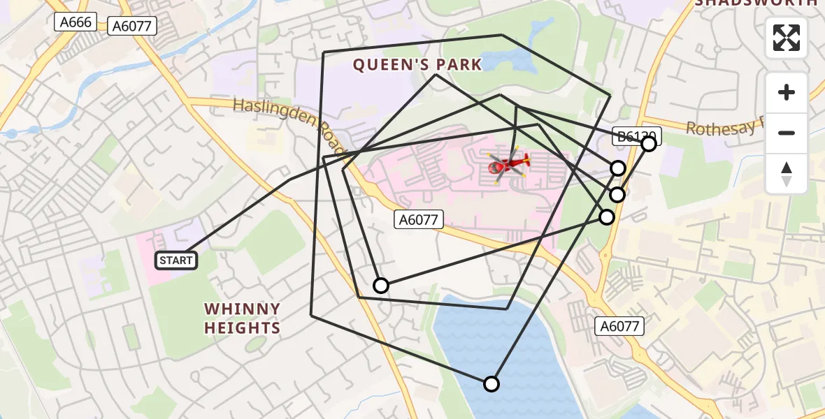 Flight route Air Ambulance Helicopter Blackburn - Blackburn, 21 June 2026, 17:33