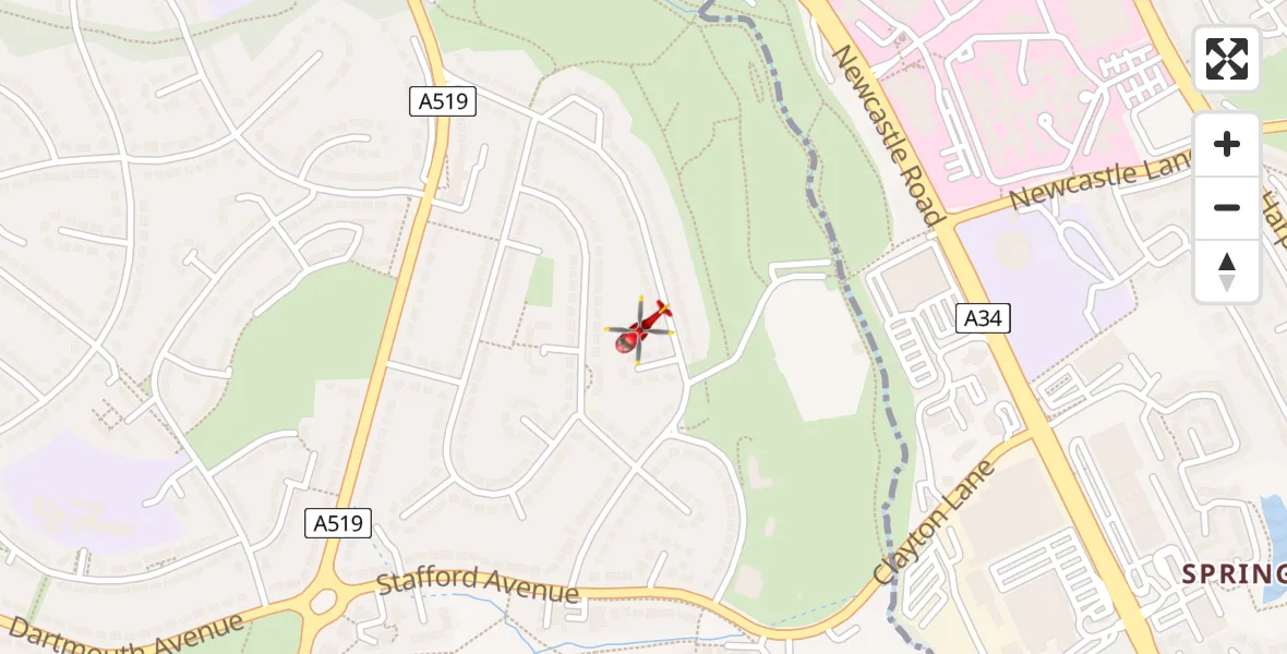 Flight route Air Ambulance Helicopter Newcastle-under-Lyme - Newcastle-under-Lyme, 21 June 2026, 17:36