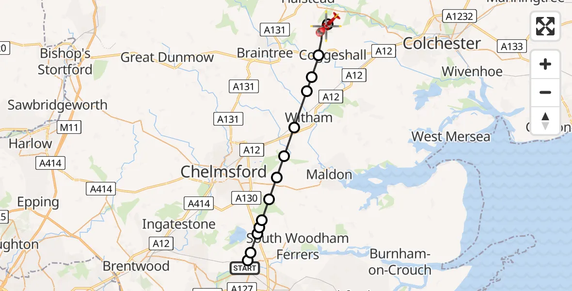 Flight route Air Ambulance Helicopter Wickford - Earls Colne Airfield, 21 June 2026, 17:46