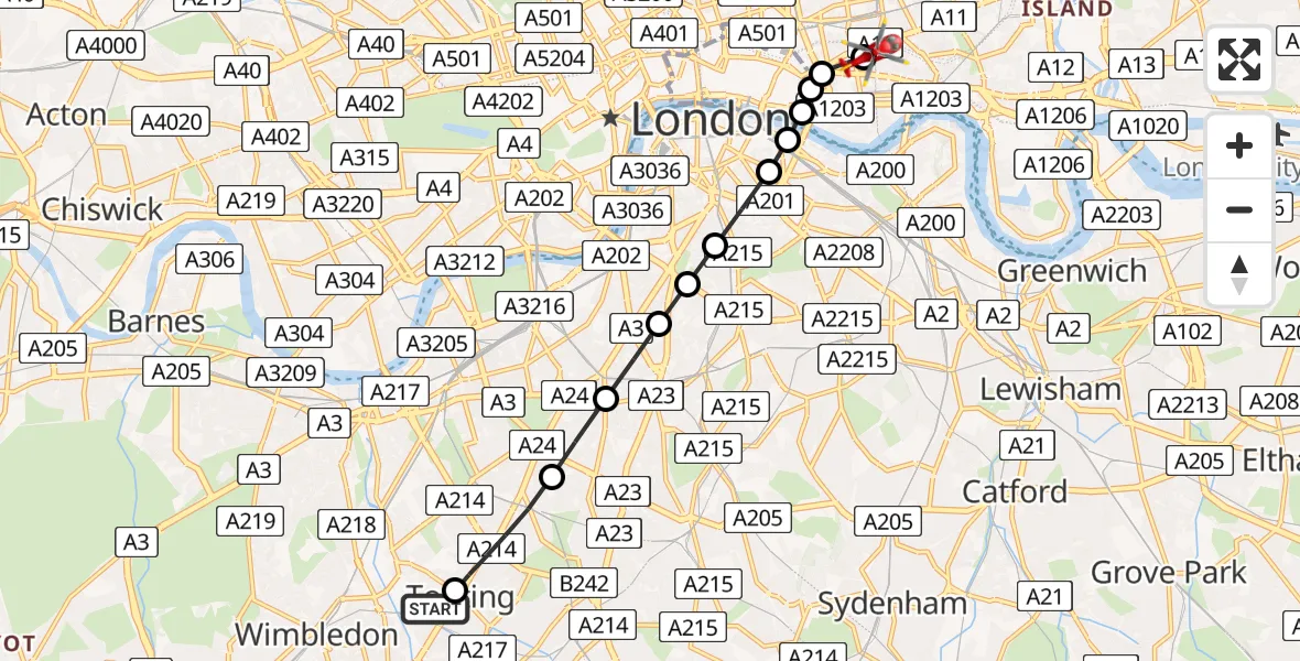 Flight route Air Ambulance Helicopter St Georges Hospital - Royal London Hospital, 21 June 2026, 17:54