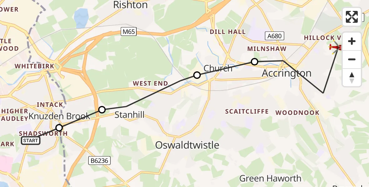 Flight route Air Ambulance Helicopter Blackburn - Accrington, 21 June 2026, 17:56