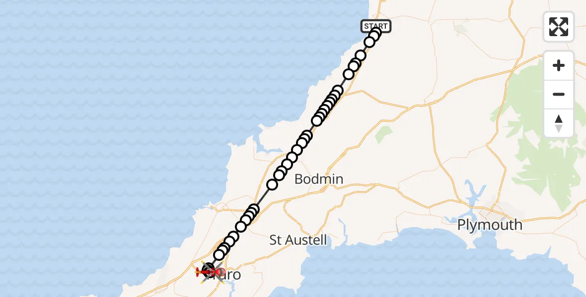Flight route Air Ambulance Helicopter Marhamchurch - Treliske Hospital, 21 June 2026, 17:59