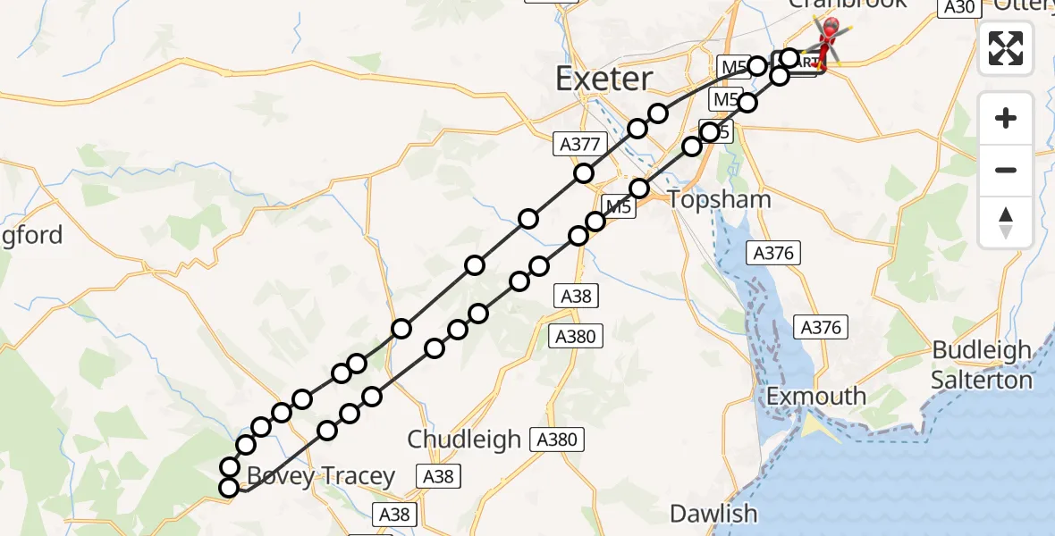 Flight route Air Ambulance Helicopter Exeter International Airport - Exeter International Airport, 21 June 2026, 18:00