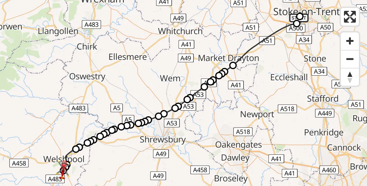 Flight route Air Ambulance Helicopter University Hospital North Staffs - Welshpool Airport, 21 June 2026, 18:04