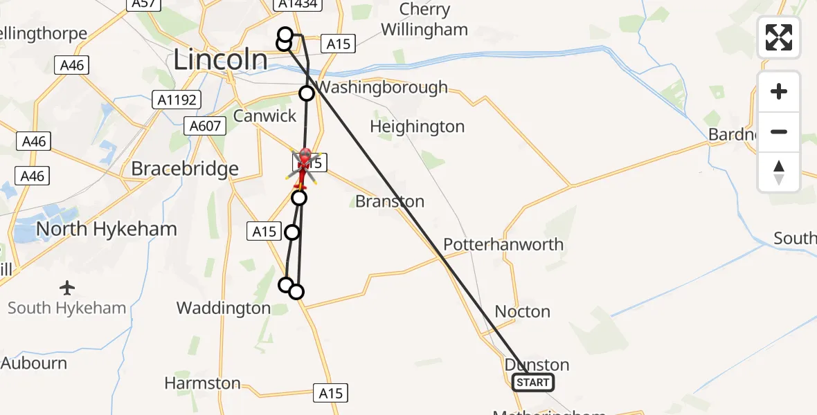 Flight route Air Ambulance Helicopter Dunston - Canwick, 21 June 2026, 18:10