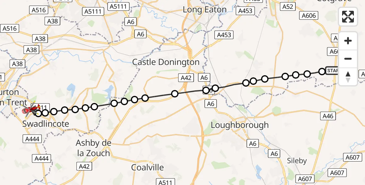 Flight route Air Ambulance Helicopter Widmerpool - Newhall, 21 June 2026, 18:14