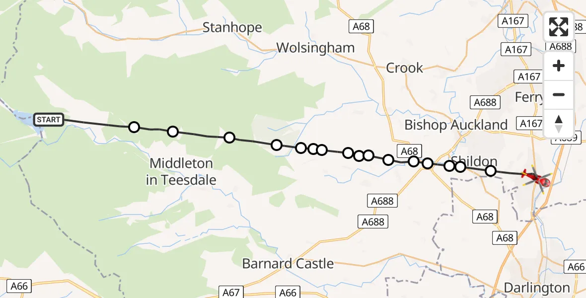 Flight route Air Ambulance Helicopter Forest and Frith - Newton Aycliffe, 21 June 2026, 18:14
