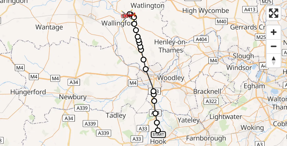 Flight route Air Ambulance Helicopter Mattingley - RAF Benson, 21 June 2026, 18:42