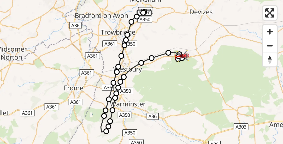 Flight route Air Ambulance Helicopter Wiltshire Air Ambulance - Great Cheverell, 21 June 2026, 18:45