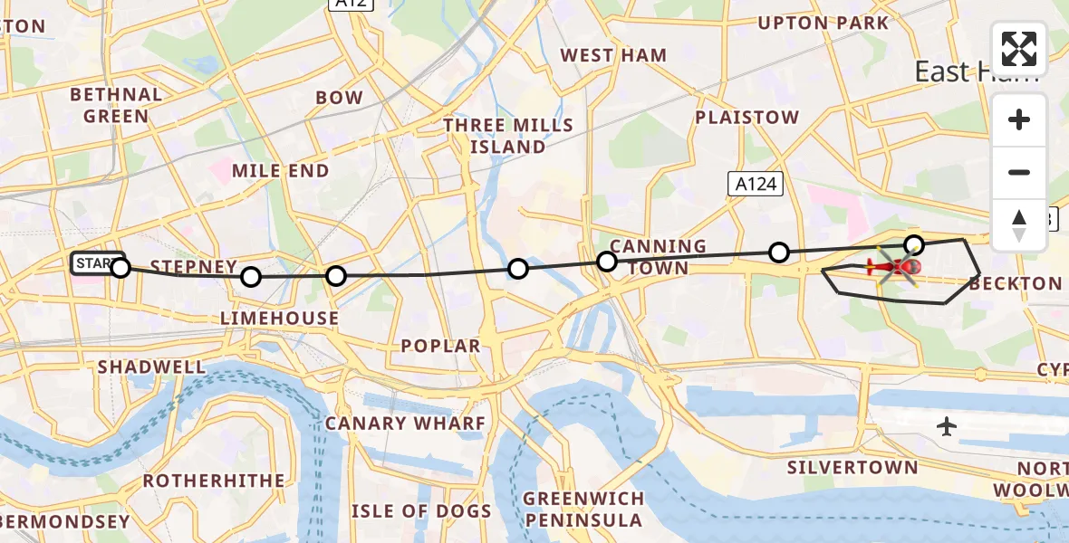 Flight route Air Ambulance Helicopter Royal London Hospital - Beckton, 21 June 2026, 18:47