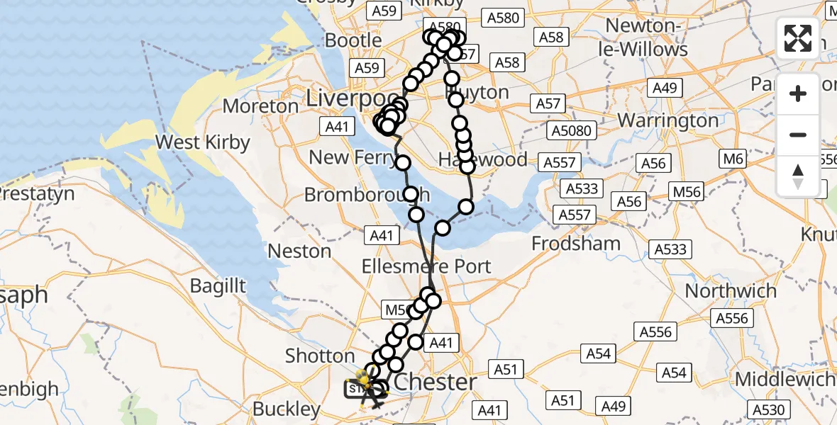 Flight route Police Helicopter Hawarden Airport - Hawarden Airport, 21 June 2026, 19:04