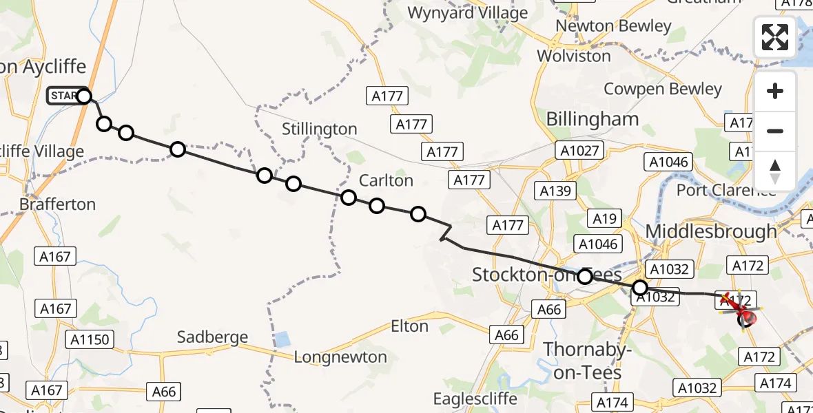 Flight route Air Ambulance Helicopter Great Aycliffe - Middlesbrough, 21 June 2026, 19:05