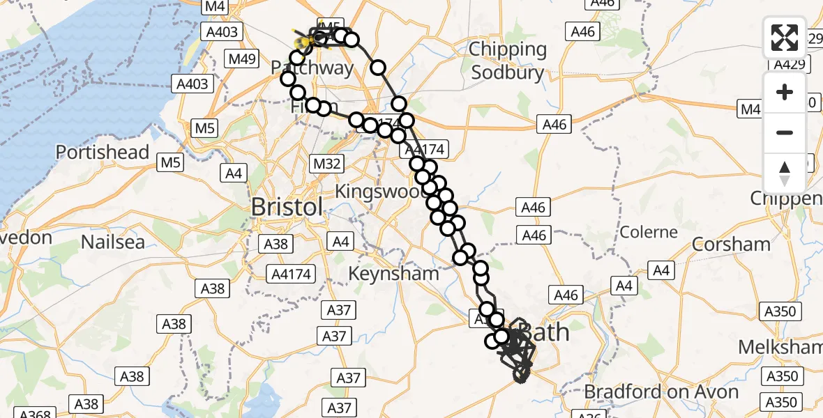 Flight route Police Helicopter Almondsbury Helicopter Base - Woodlands, 21 June 2026, 19:06
