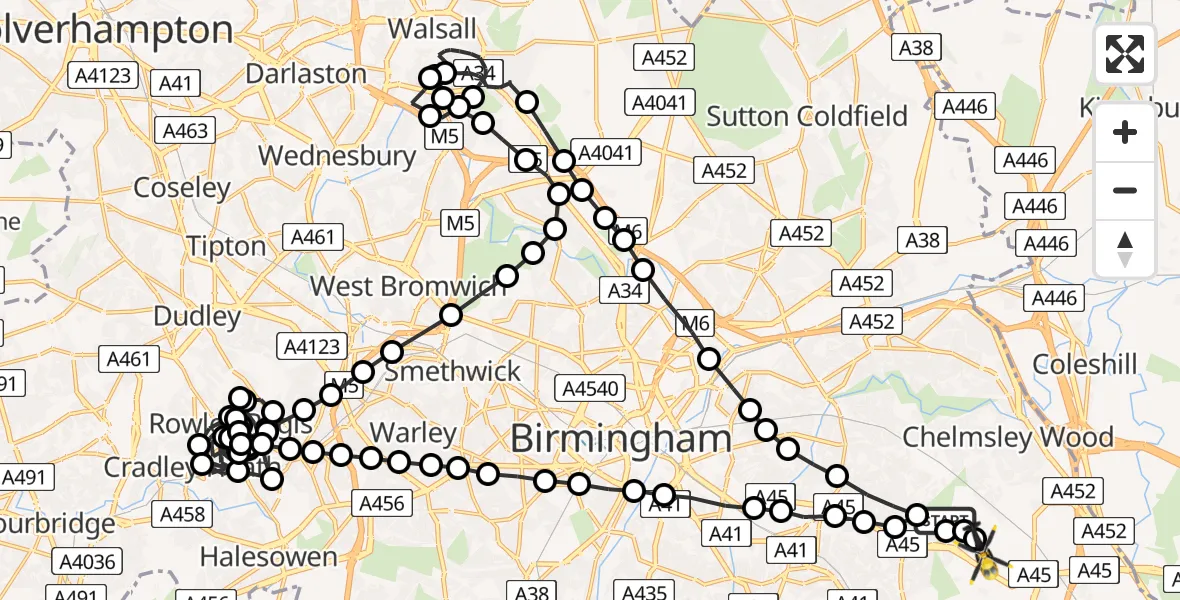 Flight route Police Helicopter Garretts Green - Birmingham Airport, 21 June 2026, 19:10