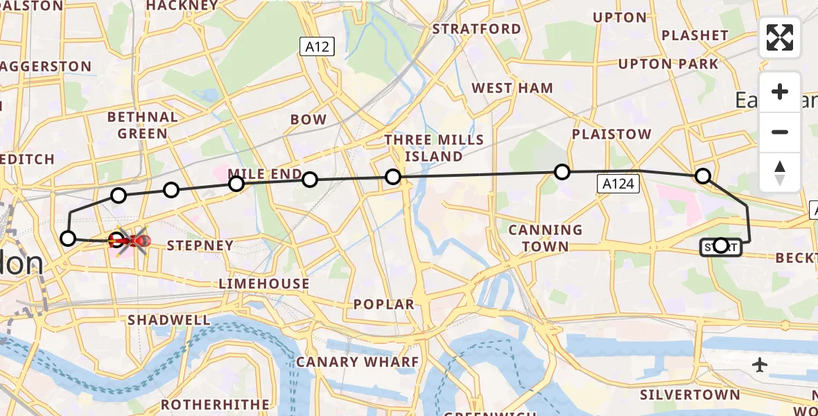 Flight route Air Ambulance Helicopter Beckton - Royal London Hospital, 21 June 2026, 19:15