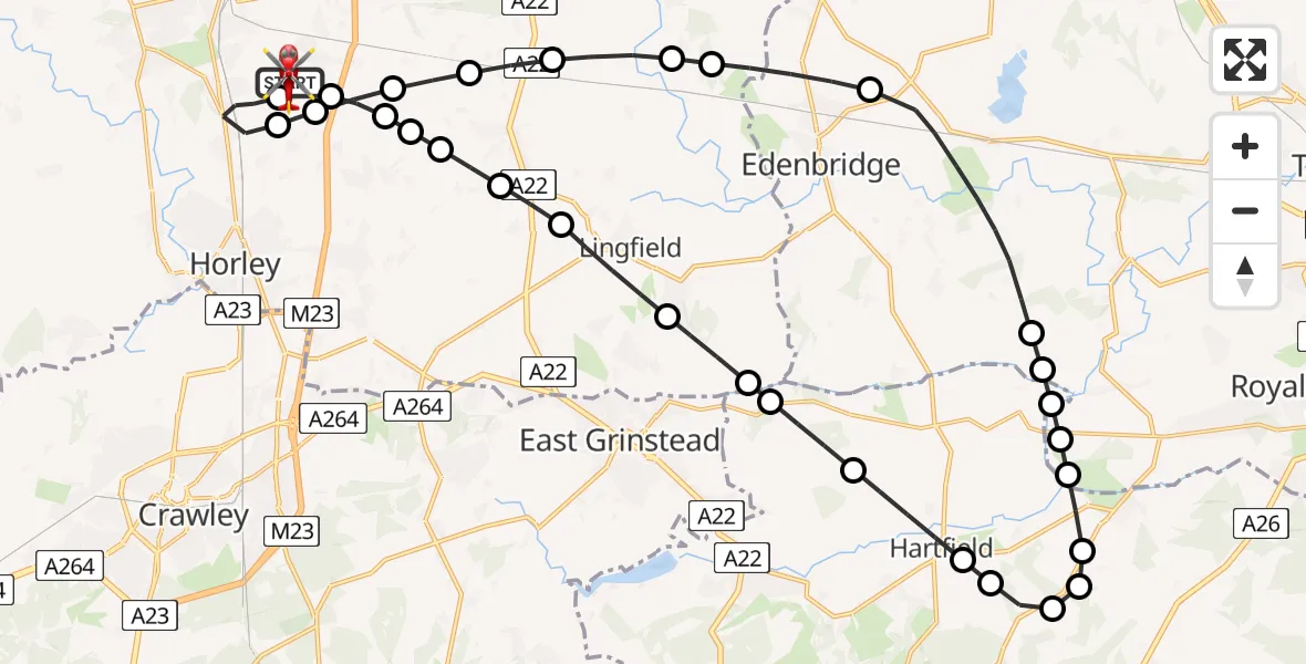 Flight route Air Ambulance Helicopter Redhill Aerodrome - Redhill Aerodrome, 21 June 2026, 19:17