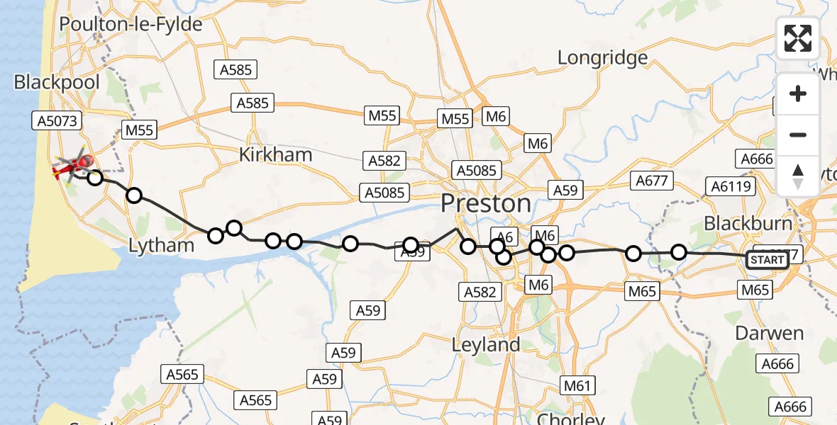 Flight route Air Ambulance Helicopter Blackburn - Blackpool Airport, 21 June 2026, 19:33