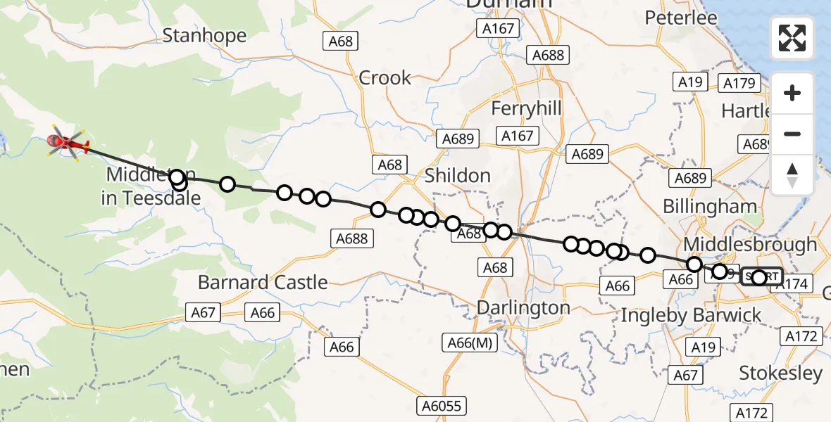 Flight route Air Ambulance Helicopter James Cook University Hospital - Forest and Frith, 21 June 2026, 19:34