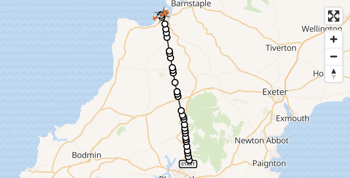 Flight route Coastguard Helicopter Bickleigh - Abbotsham, 21 June 2026, 19:36