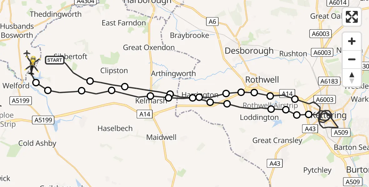 Flight route Police Helicopter Sibbertoft - Welford, 21 June 2026, 19:37