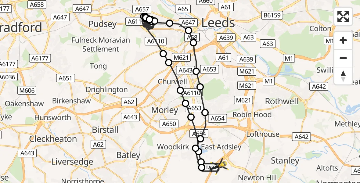 Flight route Police Helicopter East Ardsley - East Ardsley, 21 June 2026, 19:39