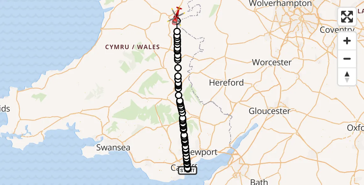 Flight route Air Ambulance Helicopter Cardiff Heliport - Ceri, 21 June 2026, 19:44