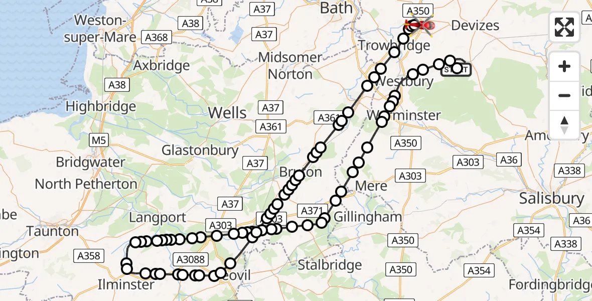 Flight route Air Ambulance Helicopter Erlestoke - Melksham, 21 June 2026, 20:13