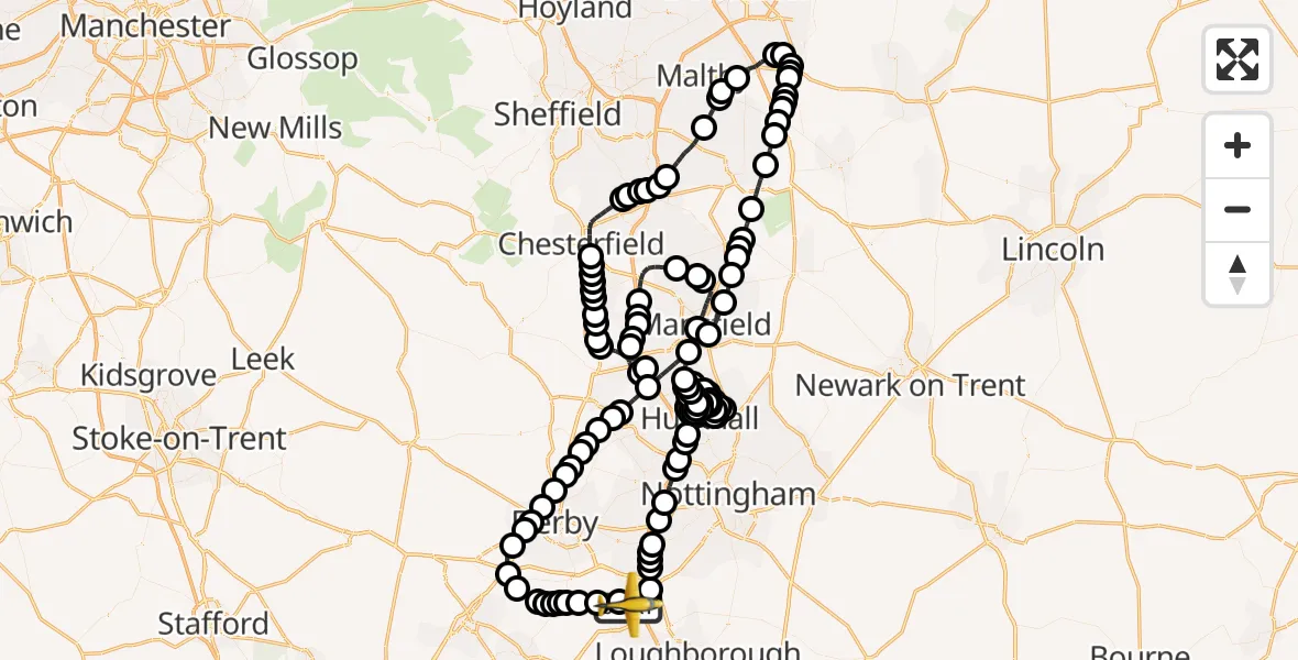 Flight route Police Aircraft East Midlands Airport - East Midlands Airport, 21 June 2026, 20:13